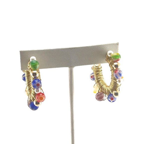Handcrafted Gold-Tone Beaded Hoop Earrings Colorful Murano Glass Beads & Pearls - Picture 6 of 8